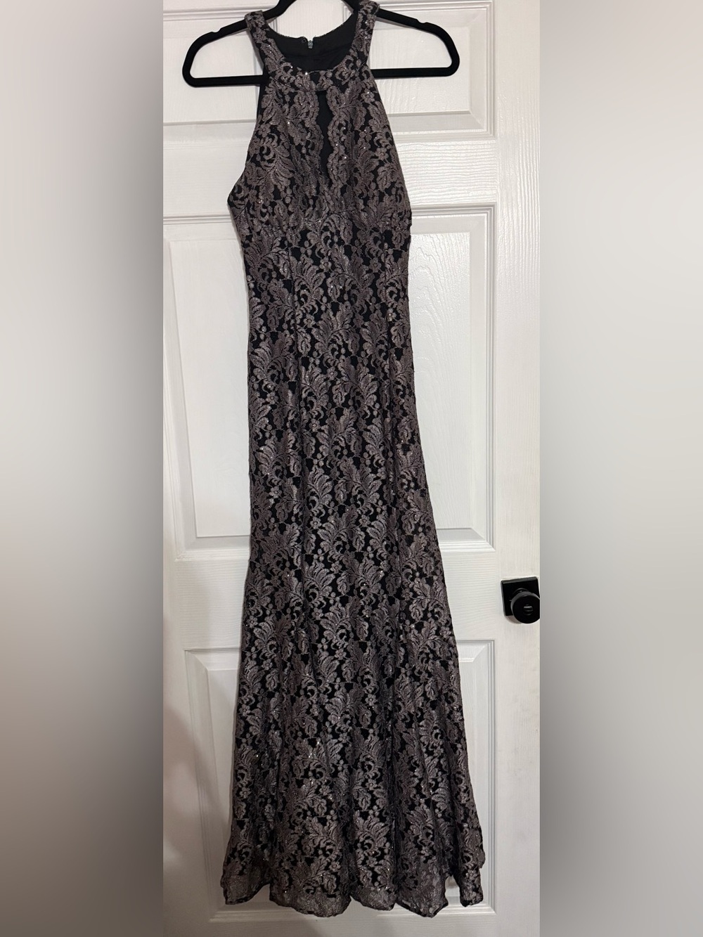 Night Way Collections Black Maxi Dress with Taupe Lace Detail